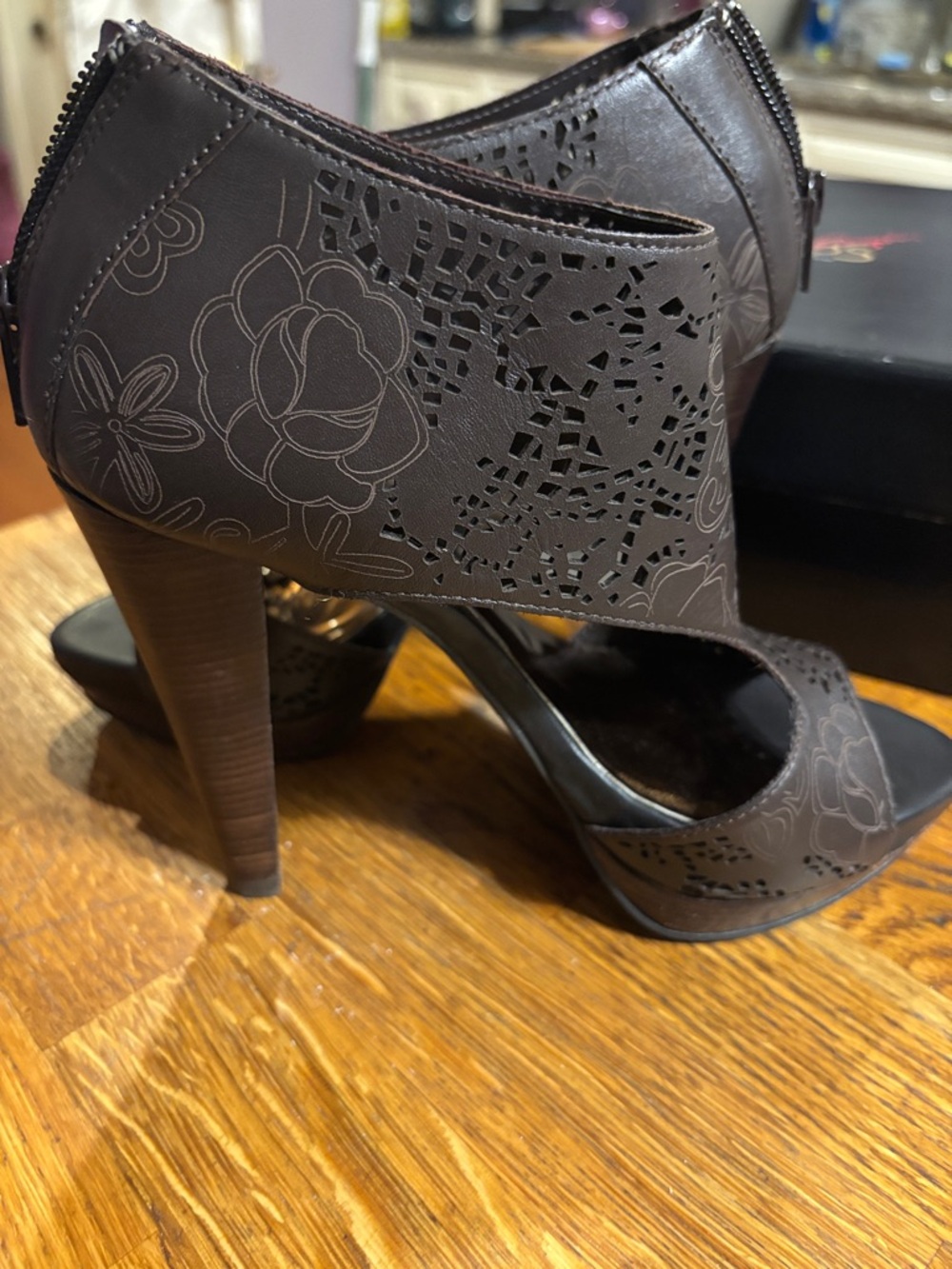 Carlos Santana Brown Floral Laser-Cut High Heel sandals